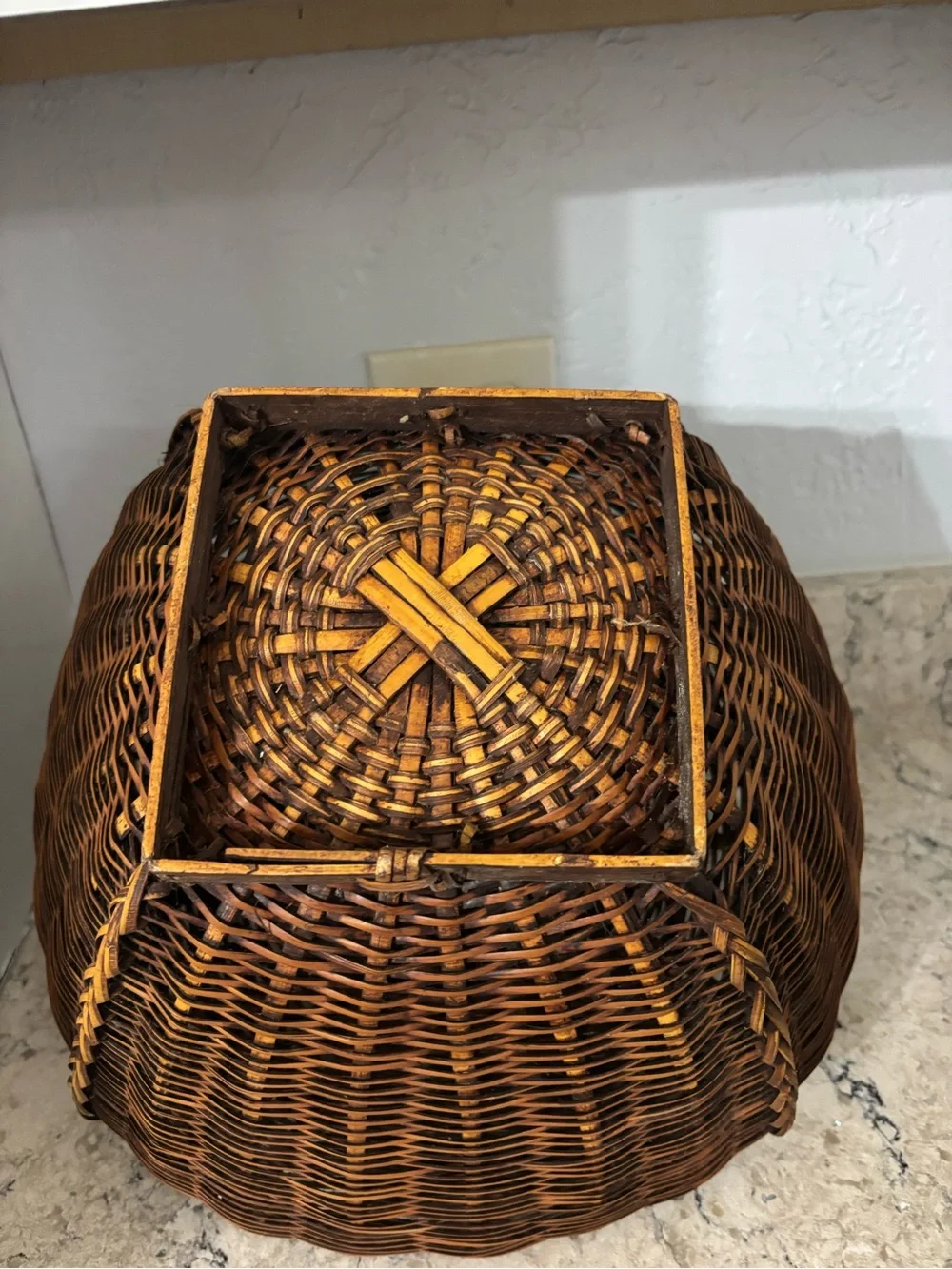 Vintage Asian Woven Rattan Basket with Square Base and Lid Home Decor
